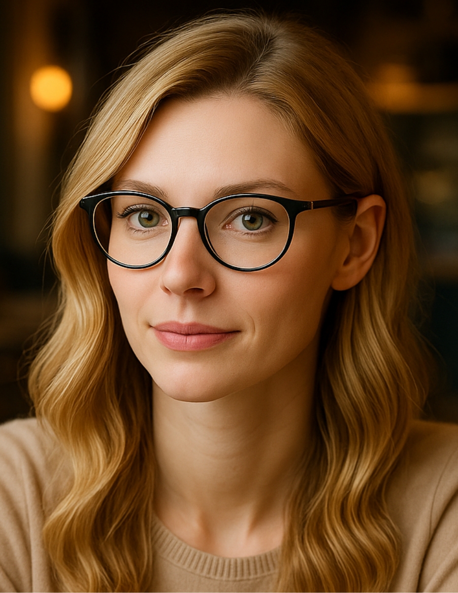 Frau mit runder, dunkler Brille. 